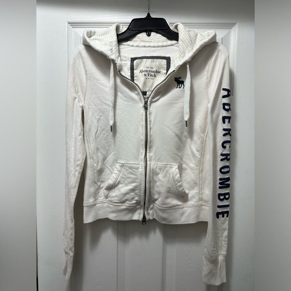Abercrombie & Fitch Vintage Y2K White Navy Full Zip Hoodie Sweatshirt With Logo
